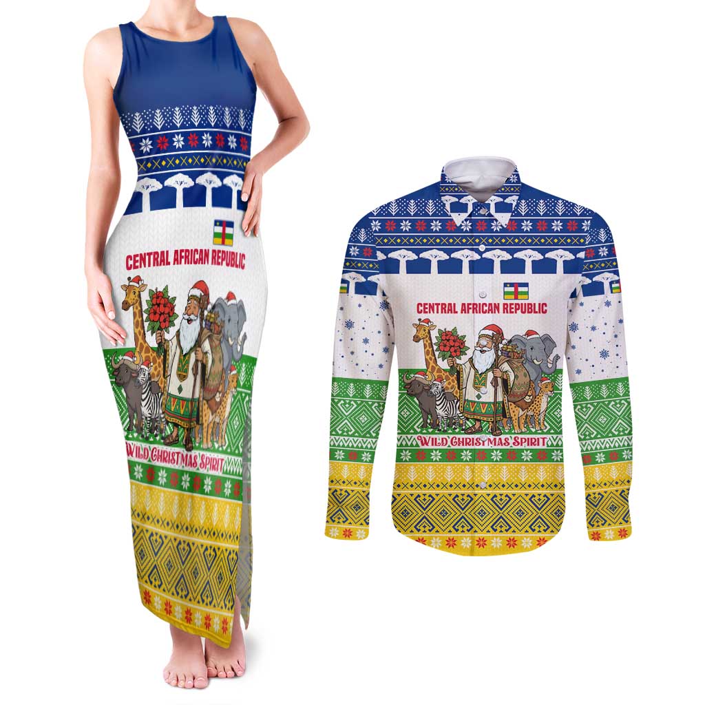 Central African Republic Christmas Couples Matching Tank Maxi Dress and Long Sleeve Button Shirt with Santa and Safari Animals Baobab Trees Snowflakes and Tribal Pattern - Wonder Print Shop