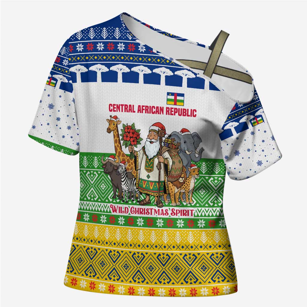 Central African Republic Christmas Cross Shoulder Shirt with Santa and Safari Animals Baobab Trees Snowflakes and Tribal Pattern - Wonder Print Shop