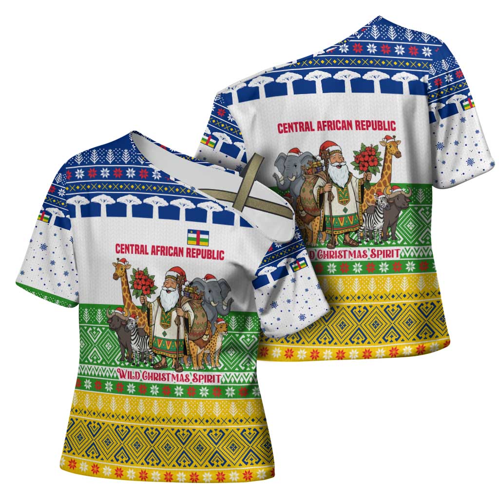 Central African Republic Christmas Cross Shoulder Shirt with Santa and Safari Animals Baobab Trees Snowflakes and Tribal Pattern - Wonder Print Shop