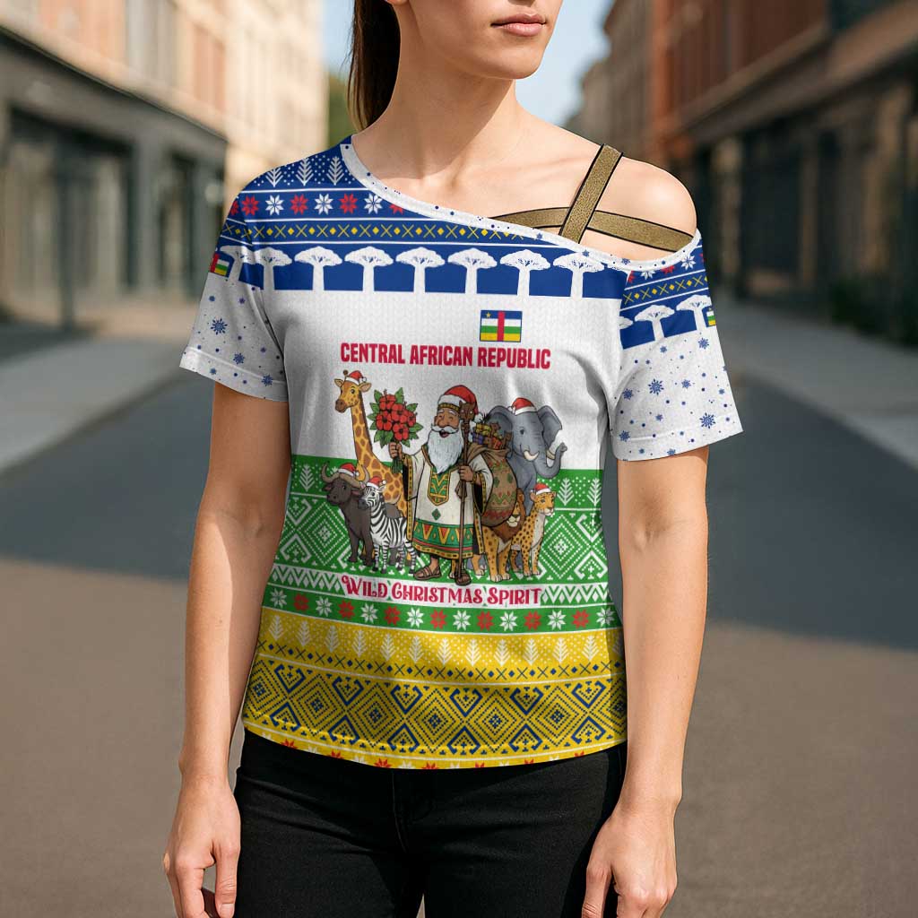 Central African Republic Christmas Cross Shoulder Shirt with Santa and Safari Animals Baobab Trees Snowflakes and Tribal Pattern - Wonder Print Shop