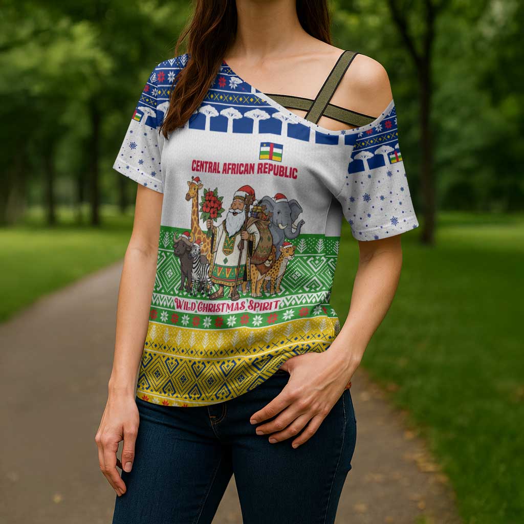 Central African Republic Christmas Cross Shoulder Shirt with Santa and Safari Animals Baobab Trees Snowflakes and Tribal Pattern - Wonder Print Shop