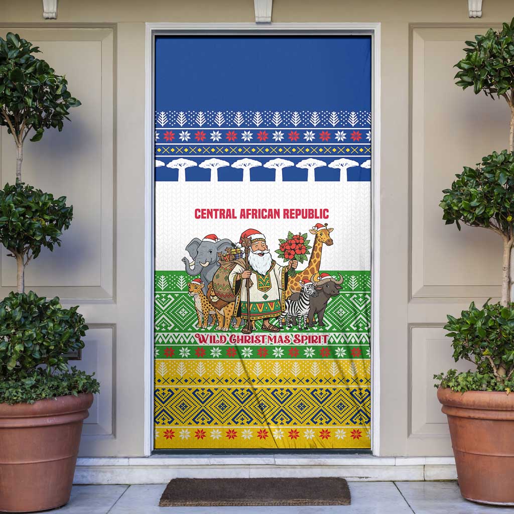 Central African Republic Christmas Door Cover with Santa and Safari Animals Baobab Trees Snowflakes and Tribal Pattern - Wonder Print Shop