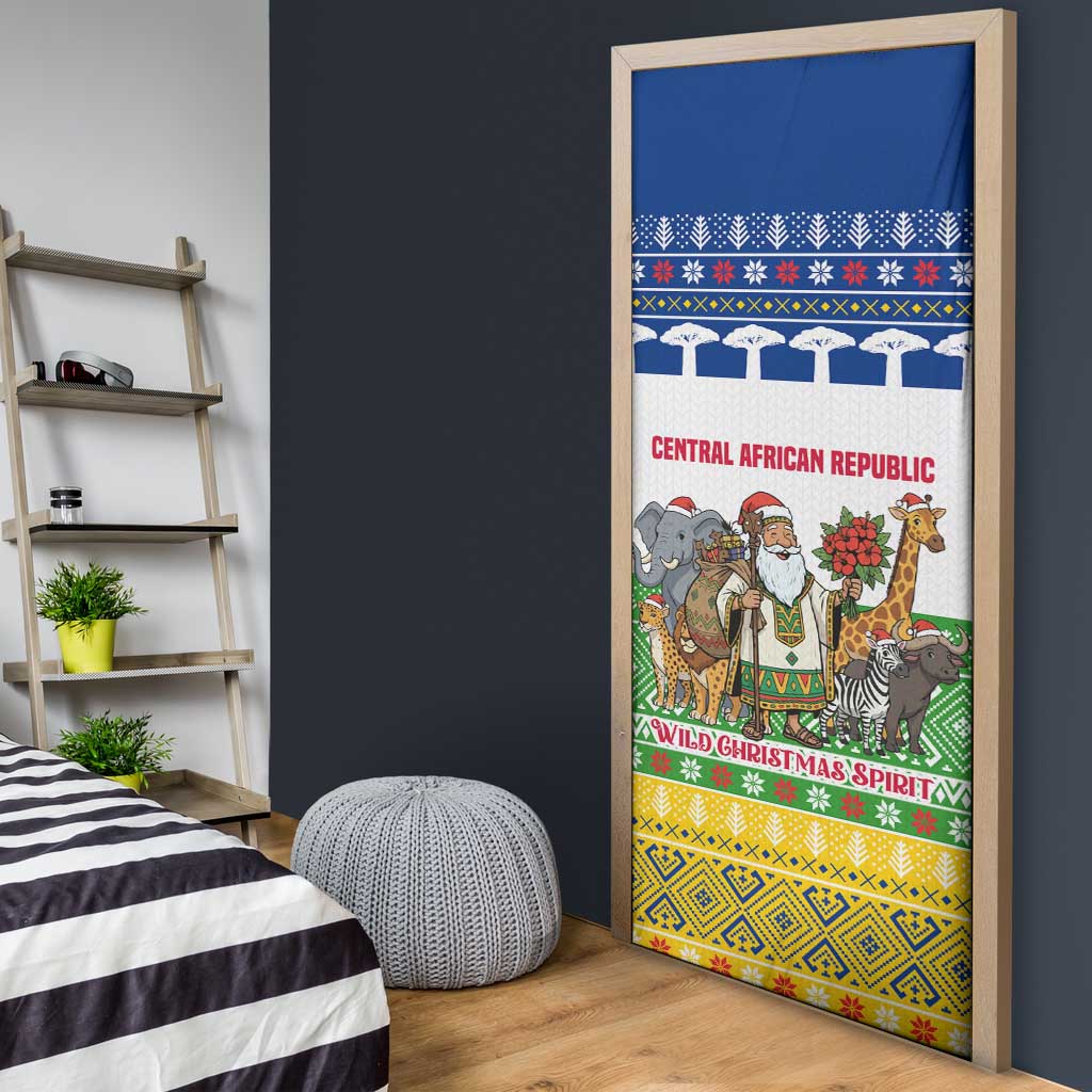 Central African Republic Christmas Door Cover with Santa and Safari Animals Baobab Trees Snowflakes and Tribal Pattern - Wonder Print Shop