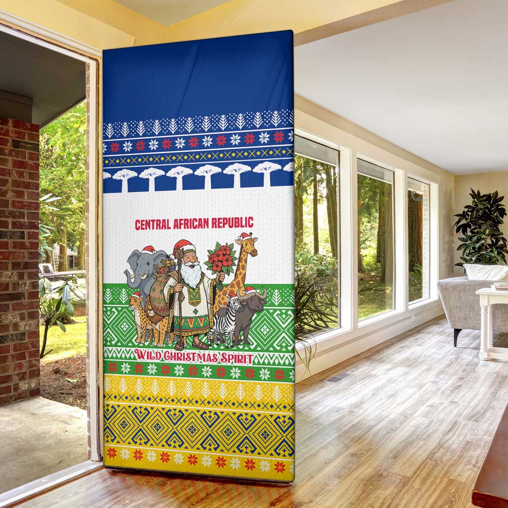 Central African Republic Christmas Door Cover with Santa and Safari Animals Baobab Trees Snowflakes and Tribal Pattern - Wonder Print Shop