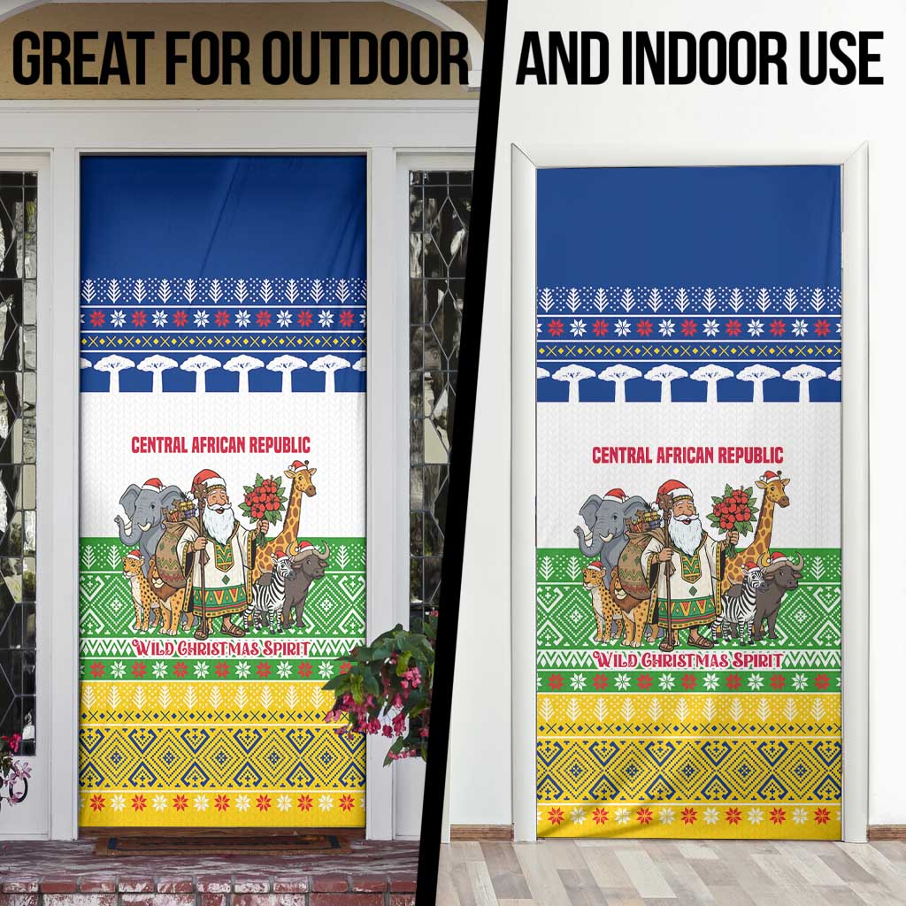 Central African Republic Christmas Door Cover with Santa and Safari Animals Baobab Trees Snowflakes and Tribal Pattern - Wonder Print Shop