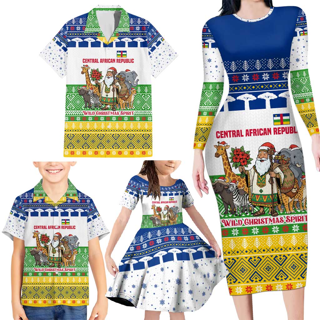 Central African Republic Christmas Family Matching Long Sleeve Bodycon Dress and Hawaiian Shirt with Santa and Safari Animals Baobab Trees Snowflakes and Tribal Pattern - Wonder Print Shop