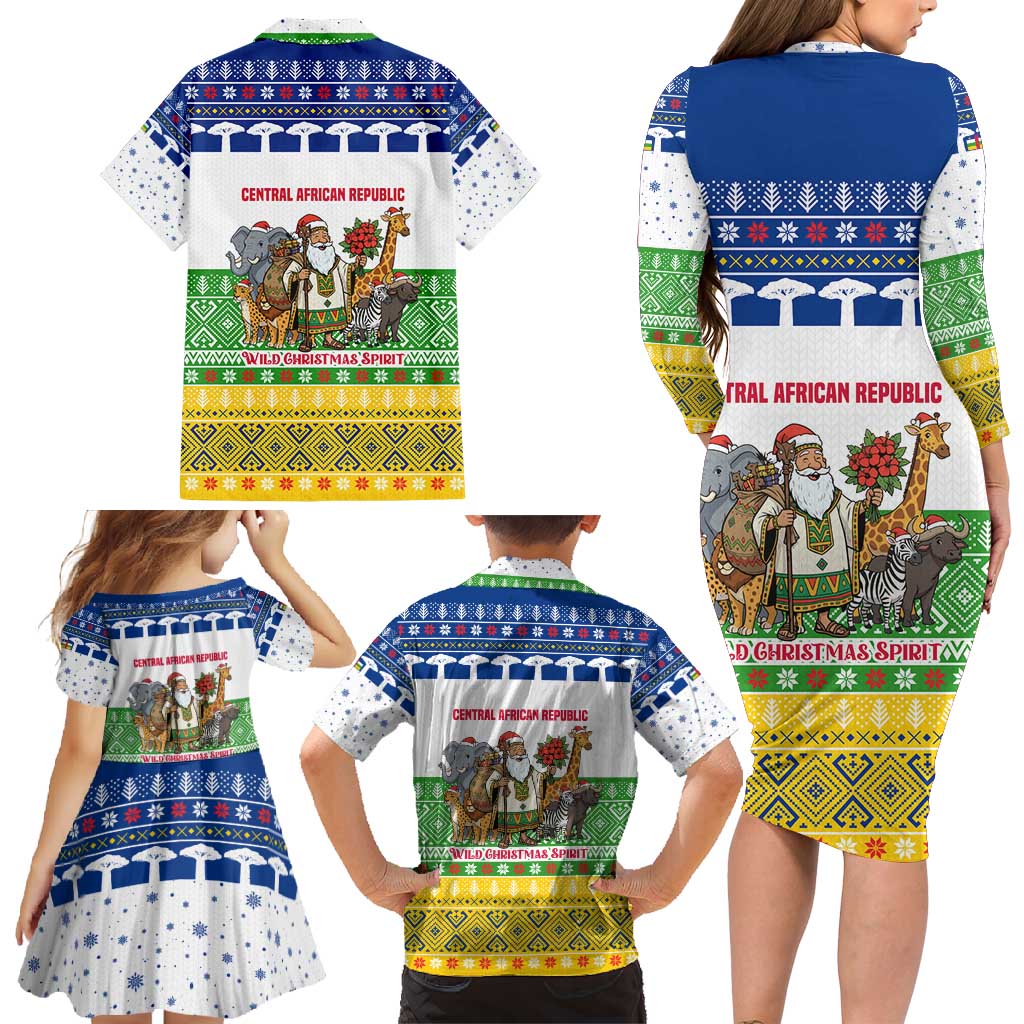 Central African Republic Christmas Family Matching Long Sleeve Bodycon Dress and Hawaiian Shirt with Santa and Safari Animals Baobab Trees Snowflakes and Tribal Pattern - Wonder Print Shop