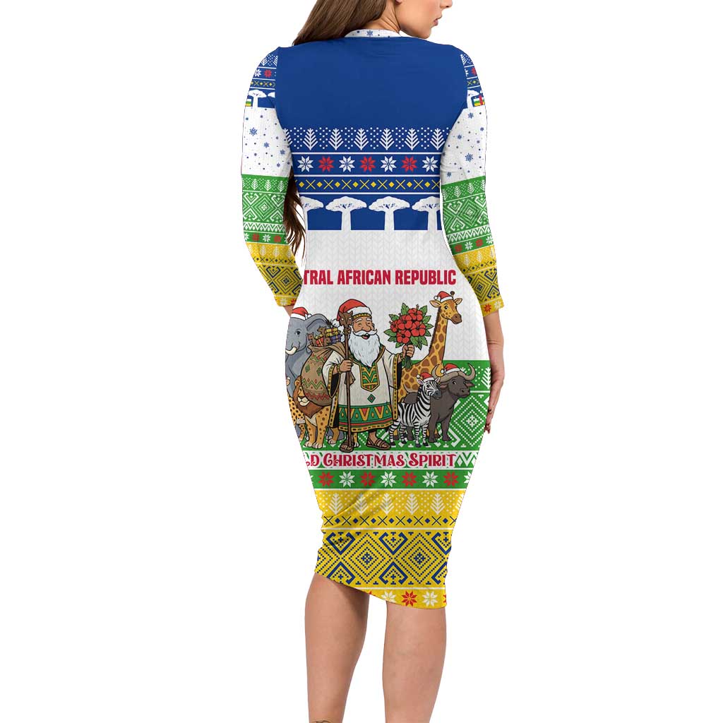 Central African Republic Christmas Family Matching Long Sleeve Bodycon Dress and Hawaiian Shirt with Santa and Safari Animals Baobab Trees Snowflakes and Tribal Pattern - Wonder Print Shop