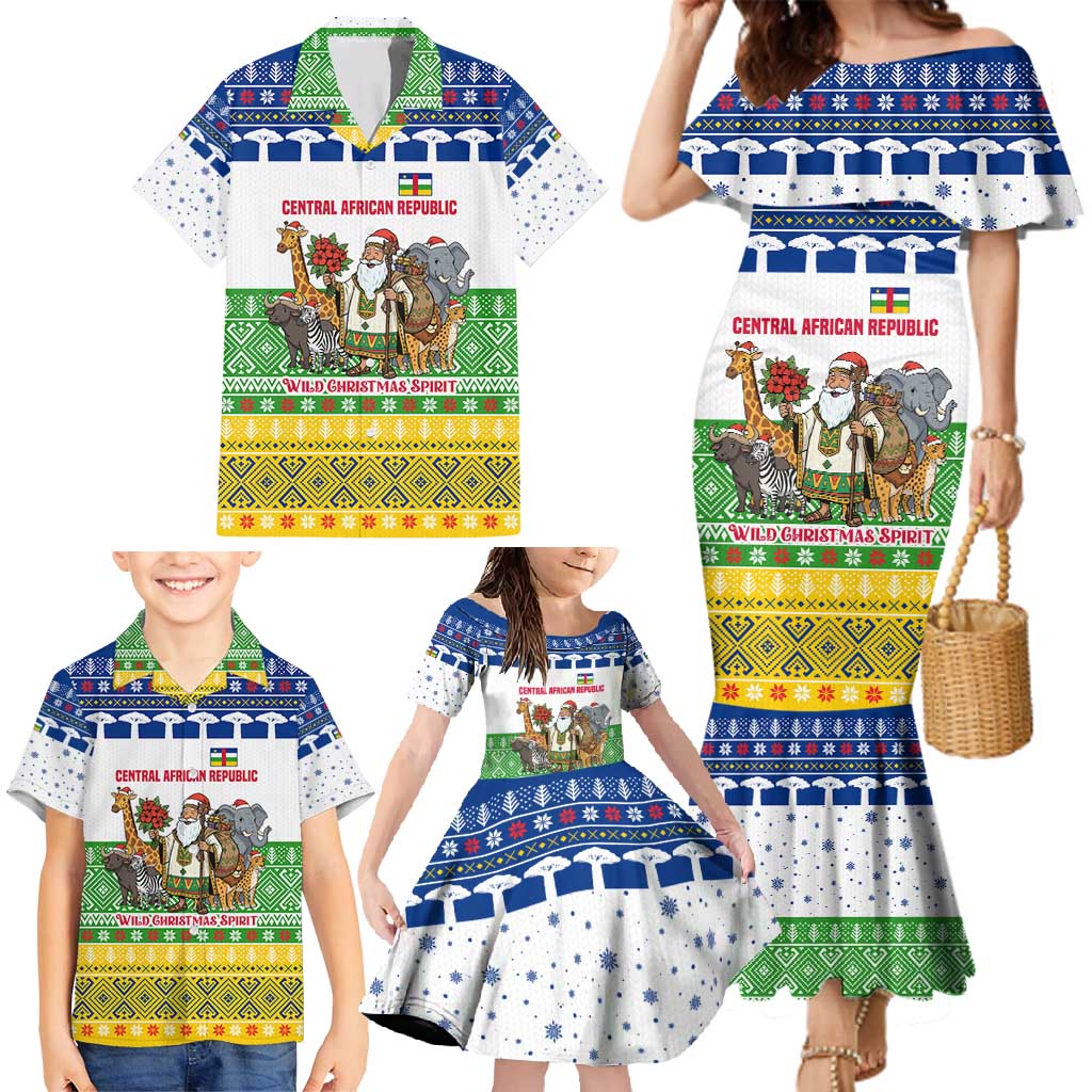 Central African Republic Christmas Family Matching Mermaid Dress and Hawaiian Shirt with Santa and Safari Animals Baobab Trees Snowflakes and Tribal Pattern - Wonder Print Shop