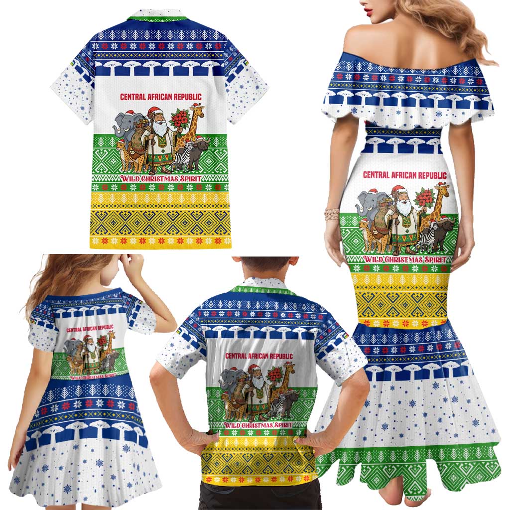 Central African Republic Christmas Family Matching Mermaid Dress and Hawaiian Shirt with Santa and Safari Animals Baobab Trees Snowflakes and Tribal Pattern - Wonder Print Shop