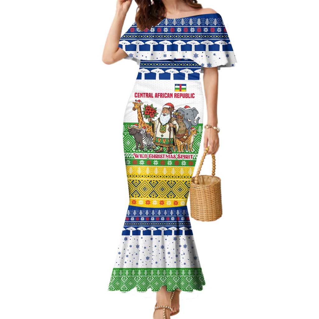 Central African Republic Christmas Family Matching Mermaid Dress and Hawaiian Shirt with Santa and Safari Animals Baobab Trees Snowflakes and Tribal Pattern - Wonder Print Shop