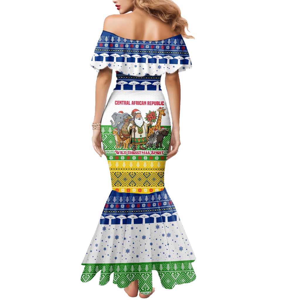 Central African Republic Christmas Family Matching Mermaid Dress and Hawaiian Shirt with Santa and Safari Animals Baobab Trees Snowflakes and Tribal Pattern - Wonder Print Shop