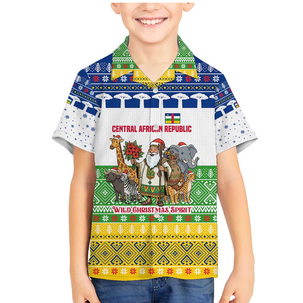 Central African Republic Christmas Family Matching Mermaid Dress and Hawaiian Shirt with Santa and Safari Animals Baobab Trees Snowflakes and Tribal Pattern - Wonder Print Shop
