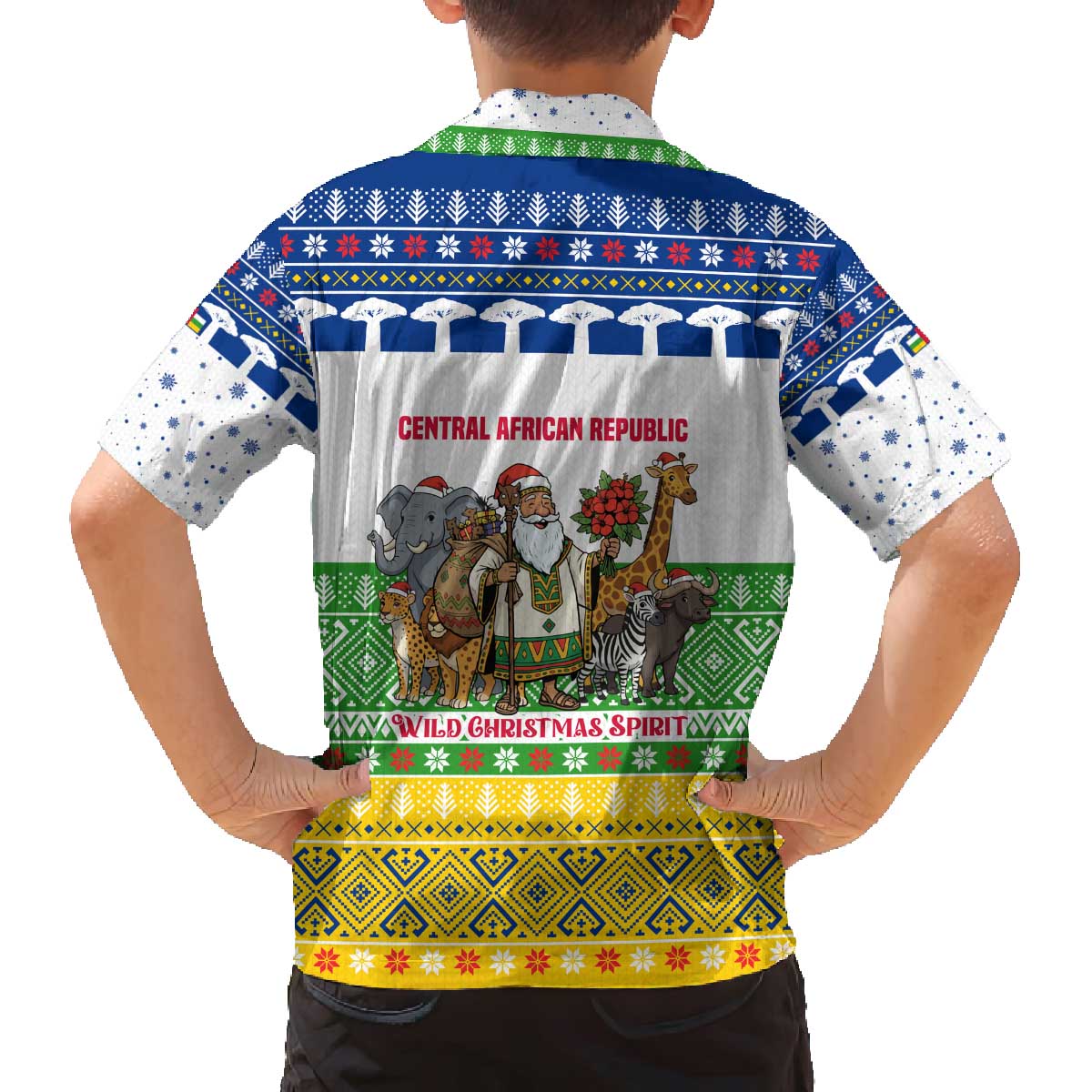 Central African Republic Christmas Family Matching Off The Shoulder Long Sleeve Dress and Hawaiian Shirt with Santa and Safari Animals Baobab Trees Snowflakes and Tribal Pattern - Wonder Print Shop