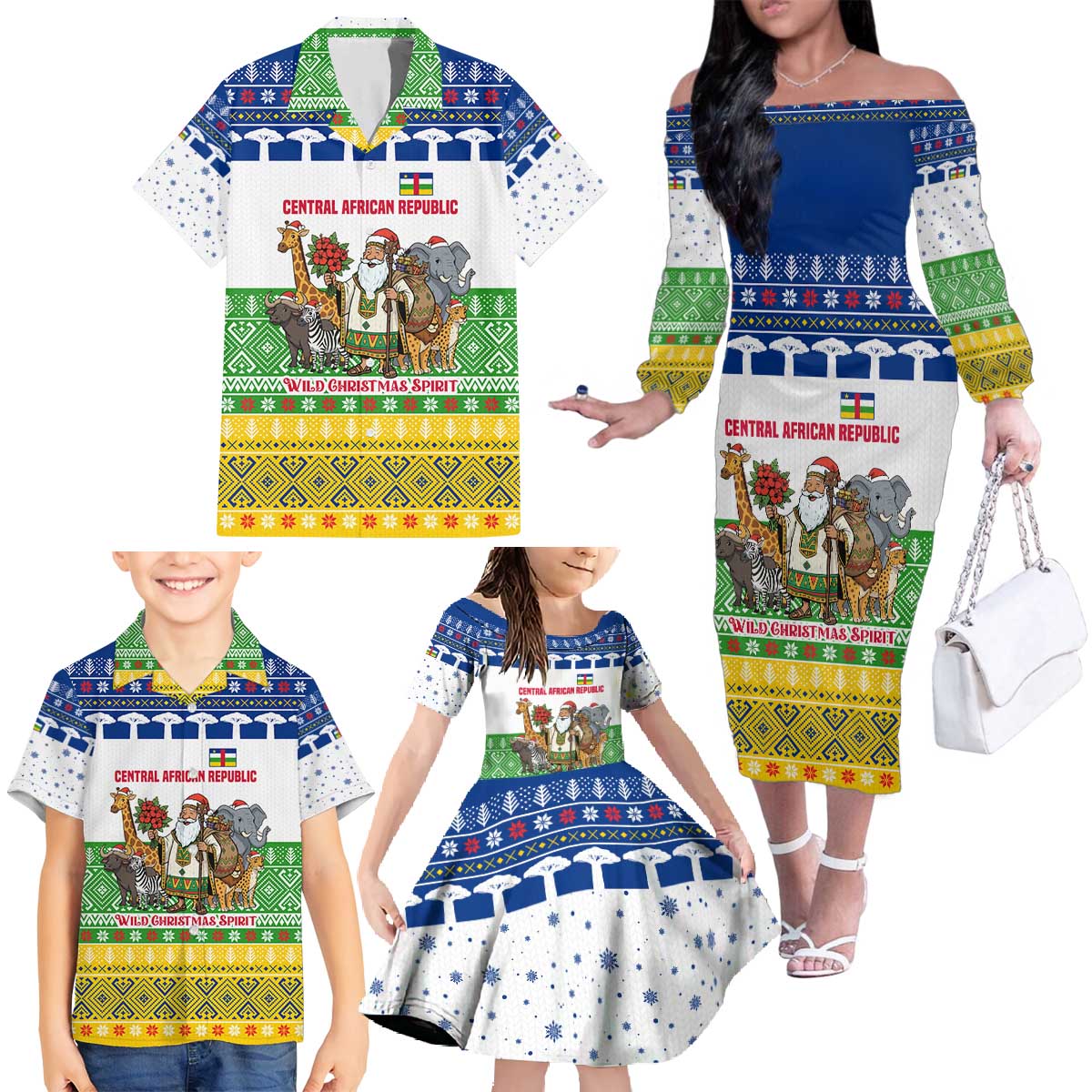 Central African Republic Christmas Family Matching Off The Shoulder Long Sleeve Dress and Hawaiian Shirt with Santa and Safari Animals Baobab Trees Snowflakes and Tribal Pattern - Wonder Print Shop