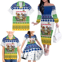Central African Republic Christmas Family Matching Off The Shoulder Long Sleeve Dress and Hawaiian Shirt with Santa and Safari Animals Baobab Trees Snowflakes and Tribal Pattern - Wonder Print Shop