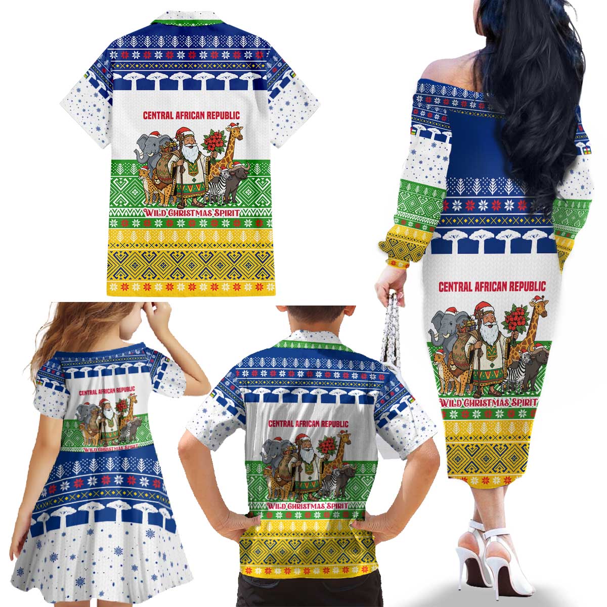 Central African Republic Christmas Family Matching Off The Shoulder Long Sleeve Dress and Hawaiian Shirt with Santa and Safari Animals Baobab Trees Snowflakes and Tribal Pattern - Wonder Print Shop