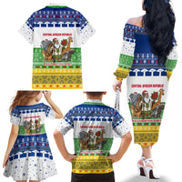 Central African Republic Christmas Family Matching Off The Shoulder Long Sleeve Dress and Hawaiian Shirt with Santa and Safari Animals Baobab Trees Snowflakes and Tribal Pattern - Wonder Print Shop