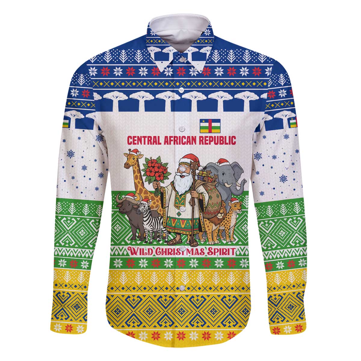 Central African Republic Christmas Family Matching Off The Shoulder Long Sleeve Dress and Hawaiian Shirt with Santa and Safari Animals Baobab Trees Snowflakes and Tribal Pattern - Wonder Print Shop