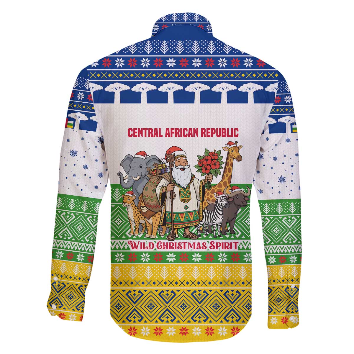 Central African Republic Christmas Family Matching Off The Shoulder Long Sleeve Dress and Hawaiian Shirt with Santa and Safari Animals Baobab Trees Snowflakes and Tribal Pattern - Wonder Print Shop