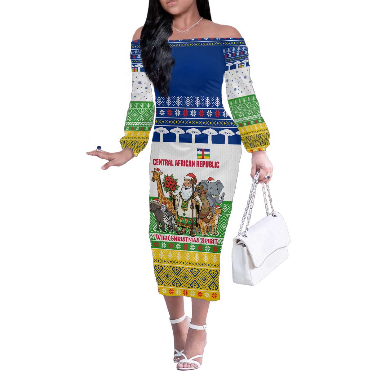 Central African Republic Christmas Family Matching Off The Shoulder Long Sleeve Dress and Hawaiian Shirt with Santa and Safari Animals Baobab Trees Snowflakes and Tribal Pattern - Wonder Print Shop