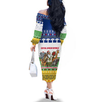 Central African Republic Christmas Family Matching Off The Shoulder Long Sleeve Dress and Hawaiian Shirt with Santa and Safari Animals Baobab Trees Snowflakes and Tribal Pattern - Wonder Print Shop