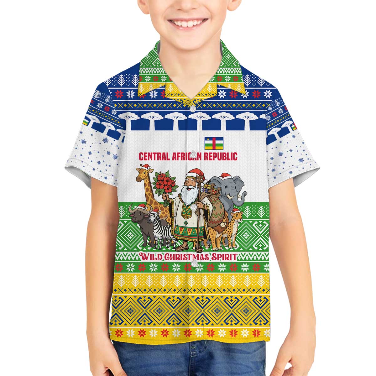 Central African Republic Christmas Family Matching Off The Shoulder Long Sleeve Dress and Hawaiian Shirt with Santa and Safari Animals Baobab Trees Snowflakes and Tribal Pattern - Wonder Print Shop