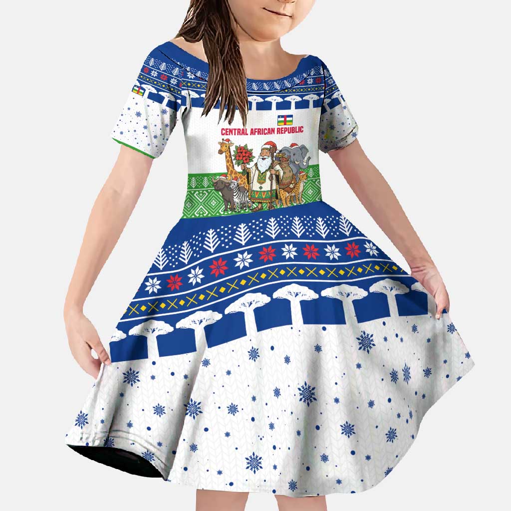 Central African Republic Christmas Family Matching Off Shoulder Maxi Dress and Hawaiian Shirt with Santa and Safari Animals Baobab Trees Snowflakes and Tribal Pattern - Wonder Print Shop