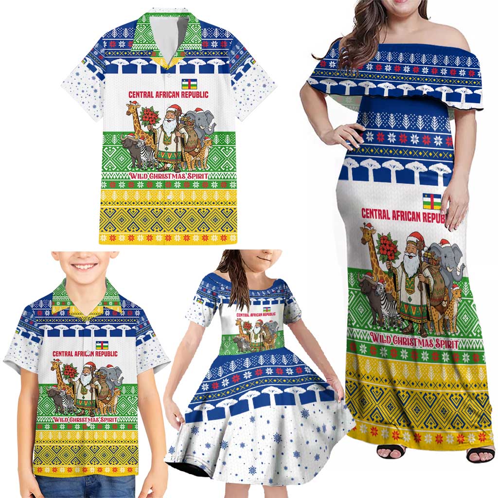 Central African Republic Christmas Family Matching Off Shoulder Maxi Dress and Hawaiian Shirt with Santa and Safari Animals Baobab Trees Snowflakes and Tribal Pattern - Wonder Print Shop