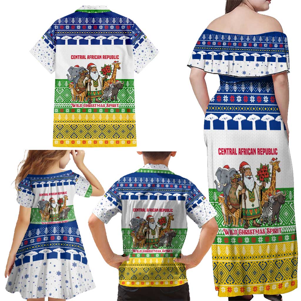 Central African Republic Christmas Family Matching Off Shoulder Maxi Dress and Hawaiian Shirt with Santa and Safari Animals Baobab Trees Snowflakes and Tribal Pattern - Wonder Print Shop