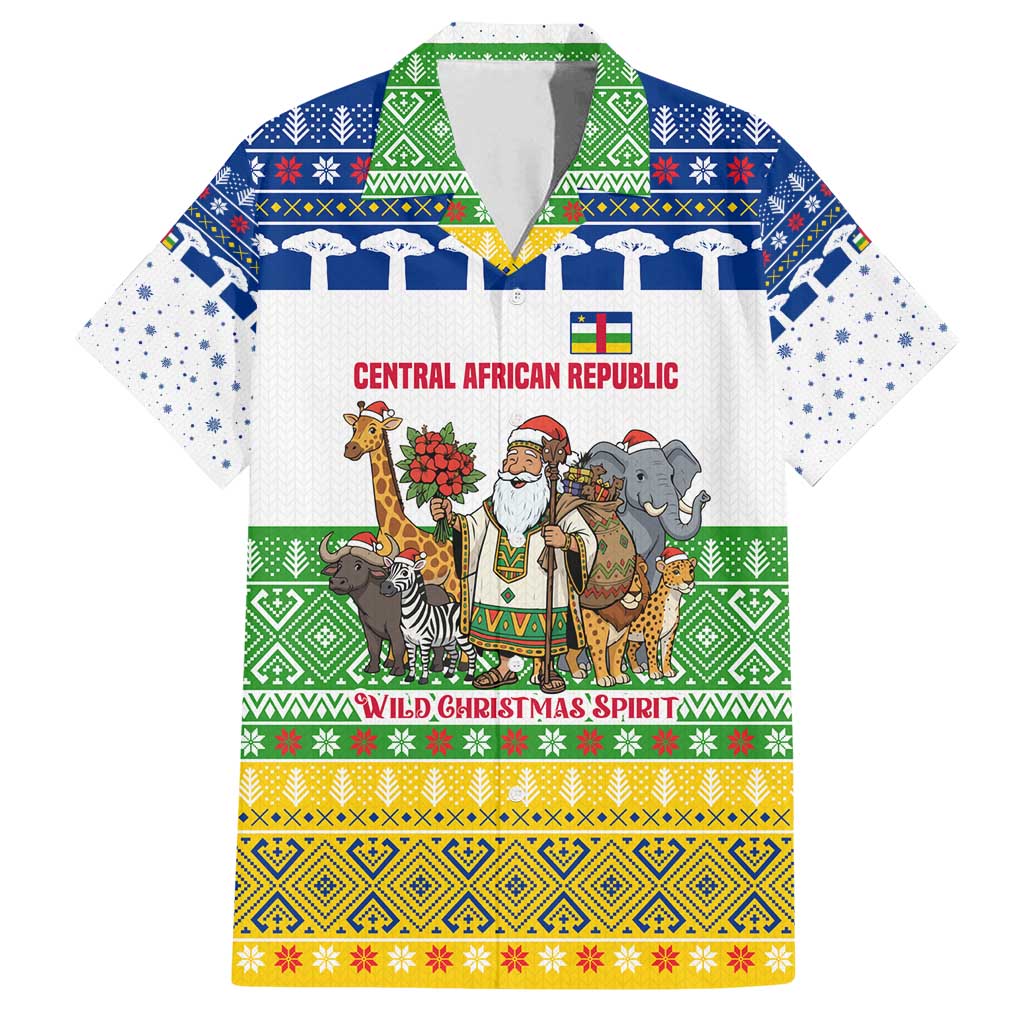 Central African Republic Christmas Family Matching Off Shoulder Maxi Dress and Hawaiian Shirt with Santa and Safari Animals Baobab Trees Snowflakes and Tribal Pattern - Wonder Print Shop