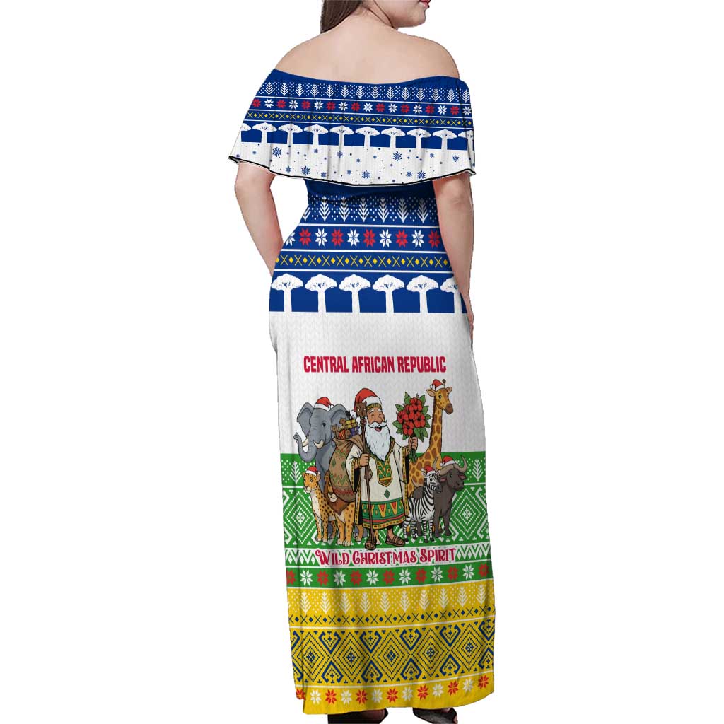 Central African Republic Christmas Family Matching Off Shoulder Maxi Dress and Hawaiian Shirt with Santa and Safari Animals Baobab Trees Snowflakes and Tribal Pattern - Wonder Print Shop