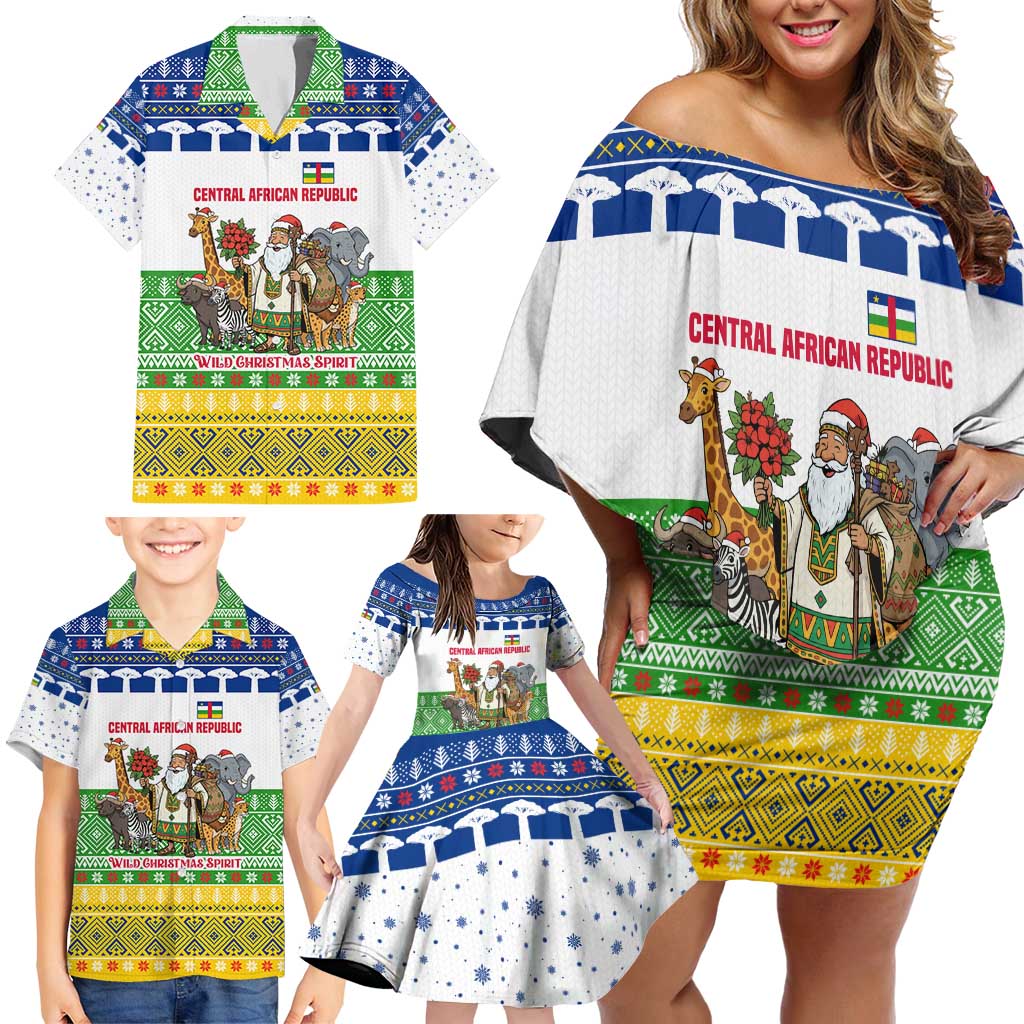 Central African Republic Christmas Family Matching Off Shoulder Short Dress and Hawaiian Shirt with Santa and Safari Animals Baobab Trees Snowflakes and Tribal Pattern - Wonder Print Shop