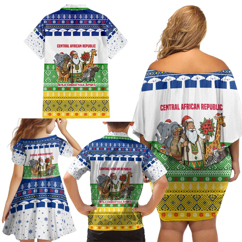 Central African Republic Christmas Family Matching Off Shoulder Short Dress and Hawaiian Shirt with Santa and Safari Animals Baobab Trees Snowflakes and Tribal Pattern - Wonder Print Shop