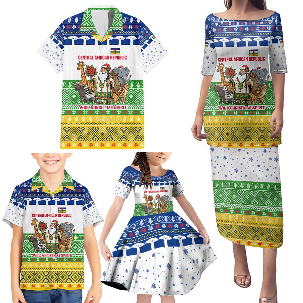 Central African Republic Christmas Family Matching Puletasi and Hawaiian Shirt with Santa and Safari Animals Baobab Trees Snowflakes and Tribal Pattern - Wonder Print Shop