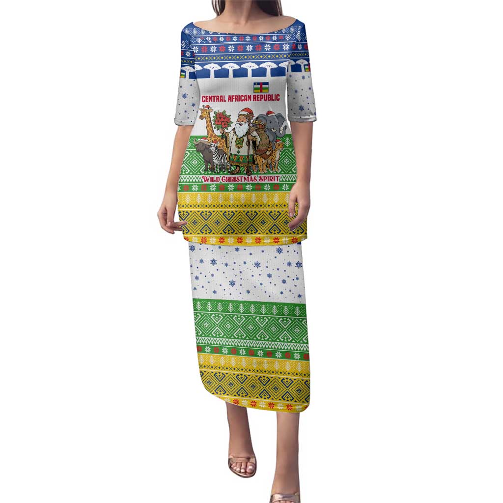 Central African Republic Christmas Family Matching Puletasi and Hawaiian Shirt with Santa and Safari Animals Baobab Trees Snowflakes and Tribal Pattern - Wonder Print Shop