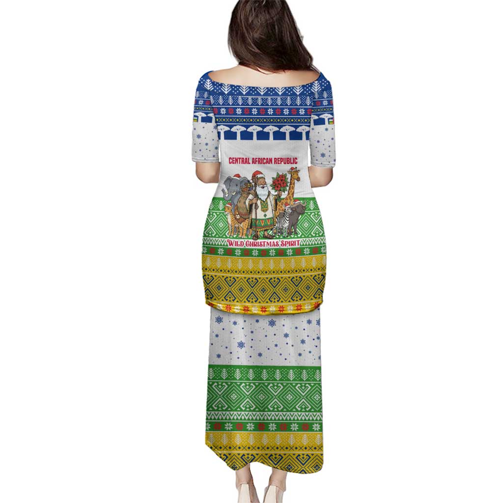 Central African Republic Christmas Family Matching Puletasi and Hawaiian Shirt with Santa and Safari Animals Baobab Trees Snowflakes and Tribal Pattern - Wonder Print Shop