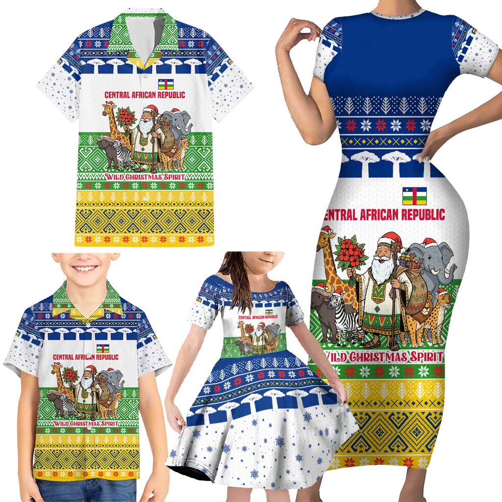 Central African Republic Christmas Family Matching Short Sleeve Bodycon Dress and Hawaiian Shirt with Santa and Safari Animals Baobab Trees Snowflakes and Tribal Pattern - Wonder Print Shop