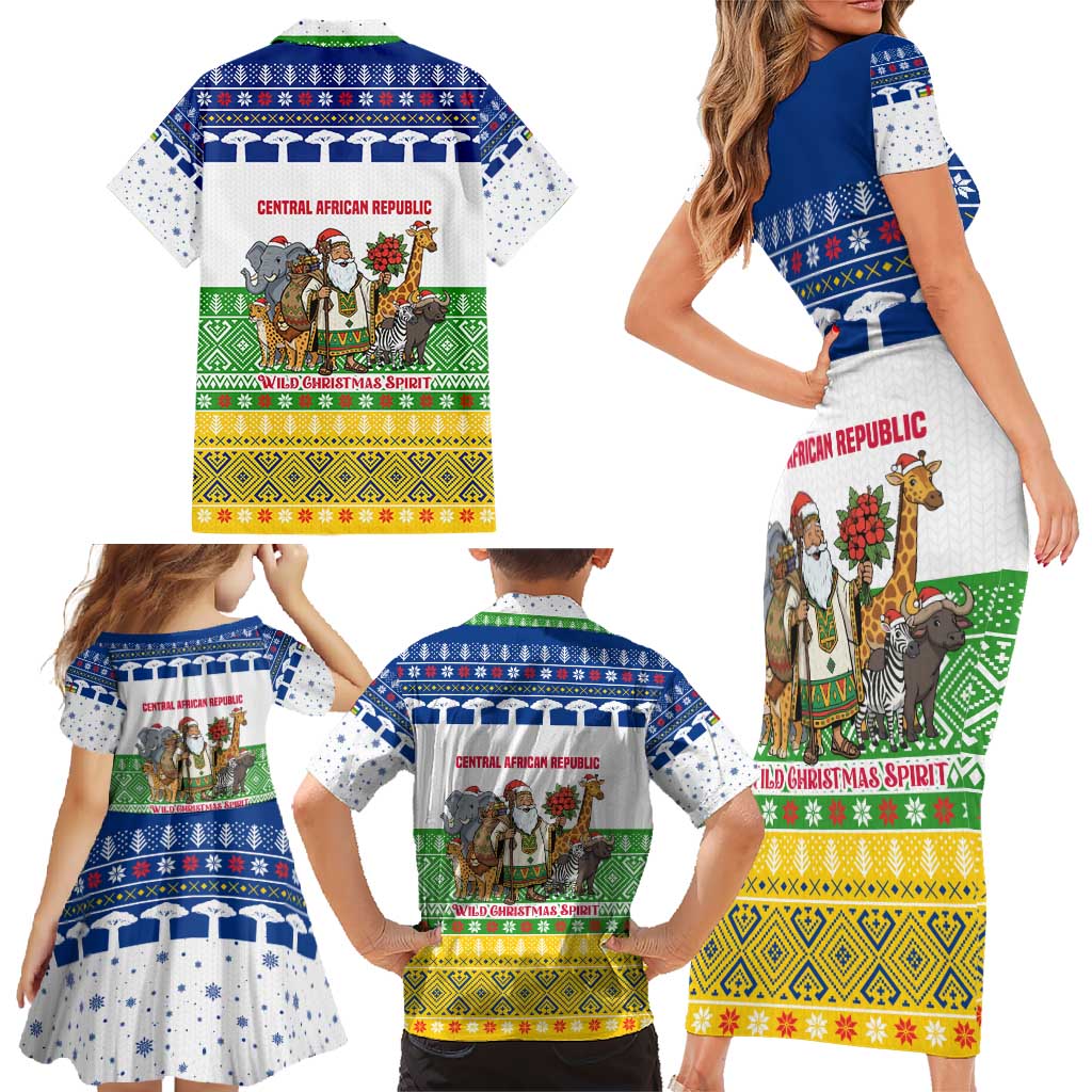 Central African Republic Christmas Family Matching Short Sleeve Bodycon Dress and Hawaiian Shirt with Santa and Safari Animals Baobab Trees Snowflakes and Tribal Pattern - Wonder Print Shop