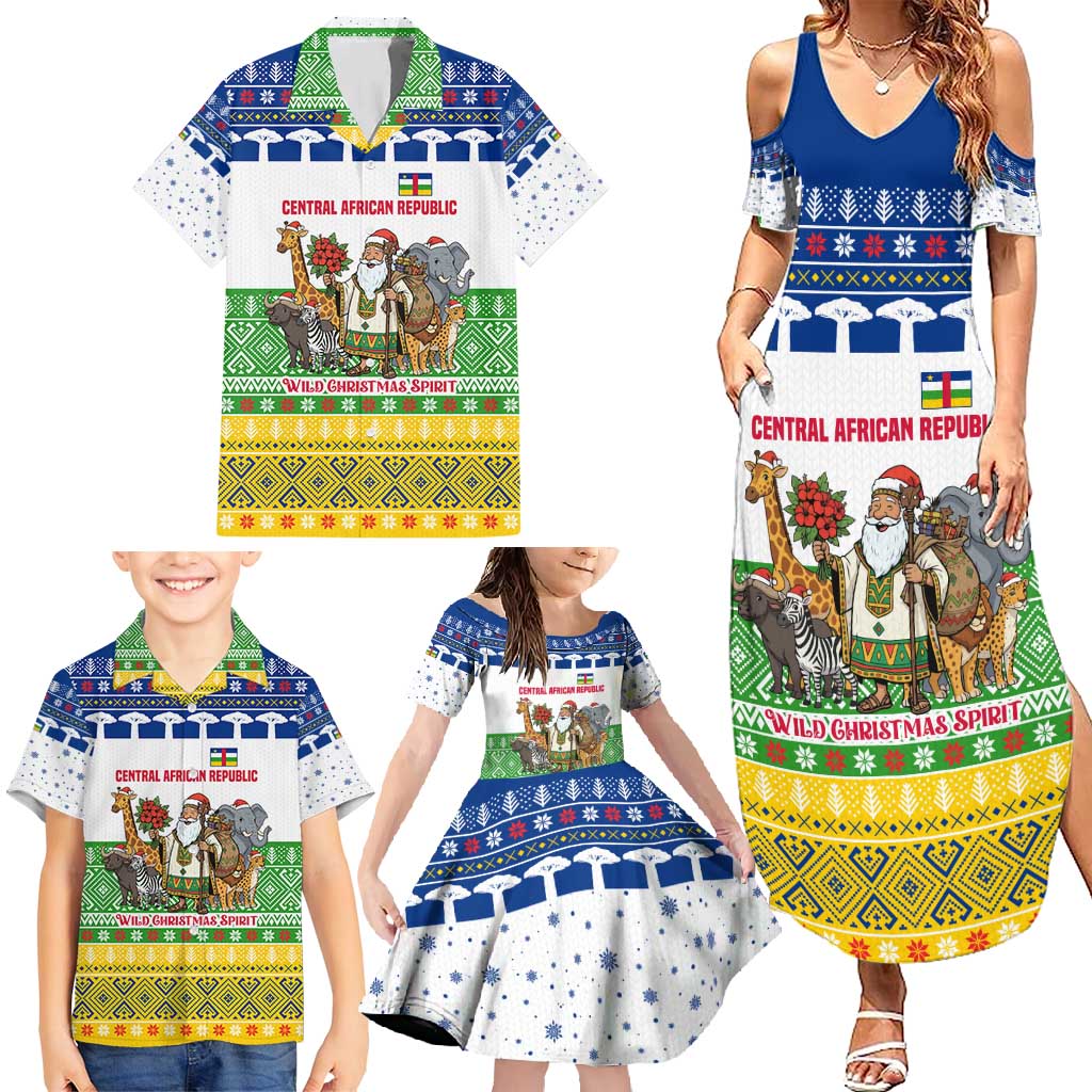 Central African Republic Christmas Family Matching Summer Maxi Dress and Hawaiian Shirt with Santa and Safari Animals Baobab Trees Snowflakes and Tribal Pattern - Wonder Print Shop