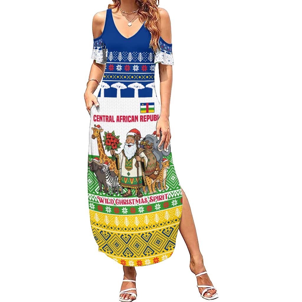 Central African Republic Christmas Family Matching Summer Maxi Dress and Hawaiian Shirt with Santa and Safari Animals Baobab Trees Snowflakes and Tribal Pattern - Wonder Print Shop