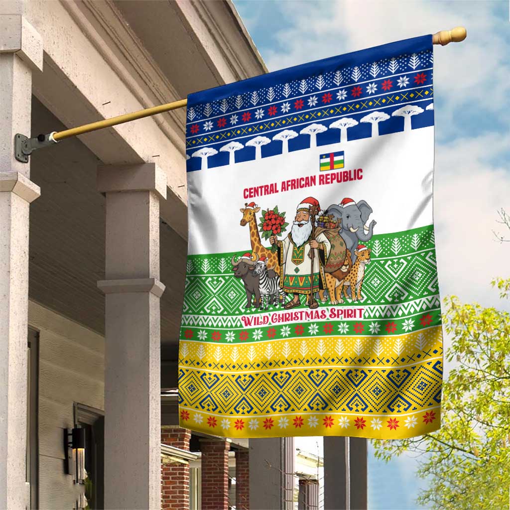 Central African Republic Christmas Garden Flag with Santa and Safari Animals Baobab Trees Snowflakes and Tribal Pattern - Wonder Print Shop