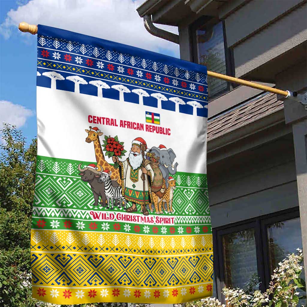 Central African Republic Christmas Garden Flag with Santa and Safari Animals Baobab Trees Snowflakes and Tribal Pattern - Wonder Print Shop