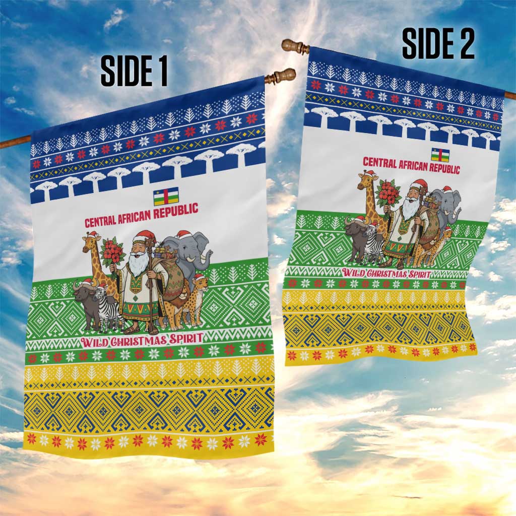 Central African Republic Christmas Garden Flag with Santa and Safari Animals Baobab Trees Snowflakes and Tribal Pattern - Wonder Print Shop