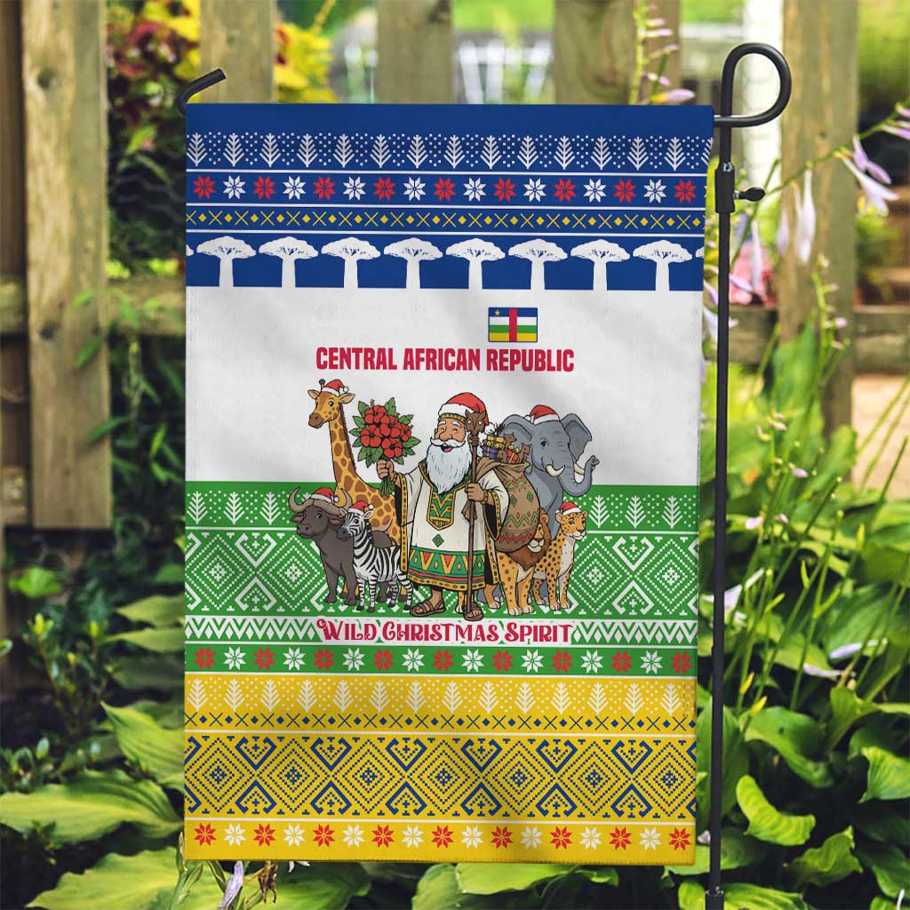 Central African Republic Christmas Garden Flag with Santa and Safari Animals Baobab Trees Snowflakes and Tribal Pattern - Wonder Print Shop