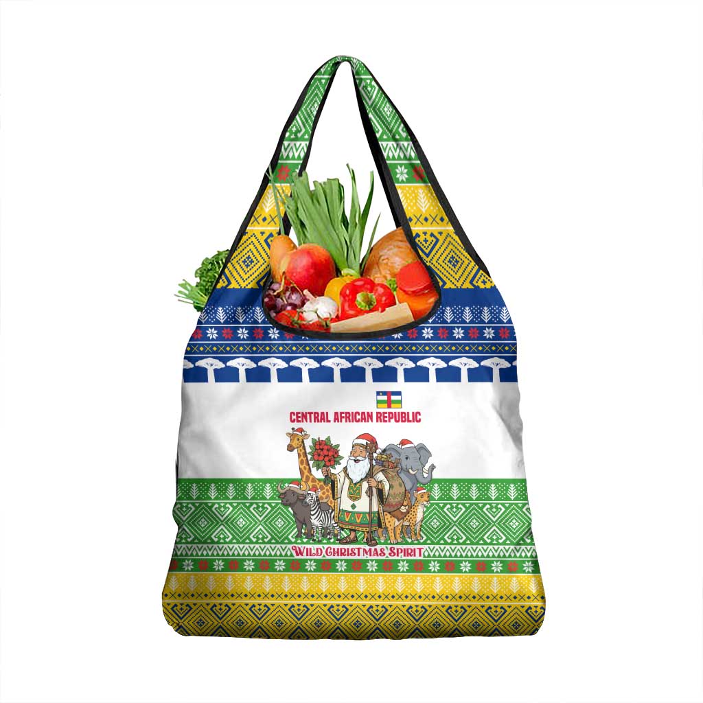 Central African Republic Christmas Grocery Bag with Santa and Safari Animals Baobab Trees Snowflakes and Tribal Pattern - Wonder Print Shop