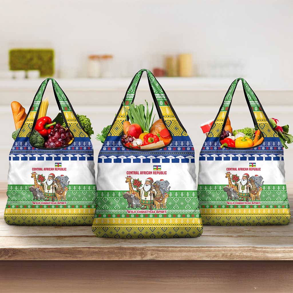 Central African Republic Christmas Grocery Bag with Santa and Safari Animals Baobab Trees Snowflakes and Tribal Pattern - Wonder Print Shop