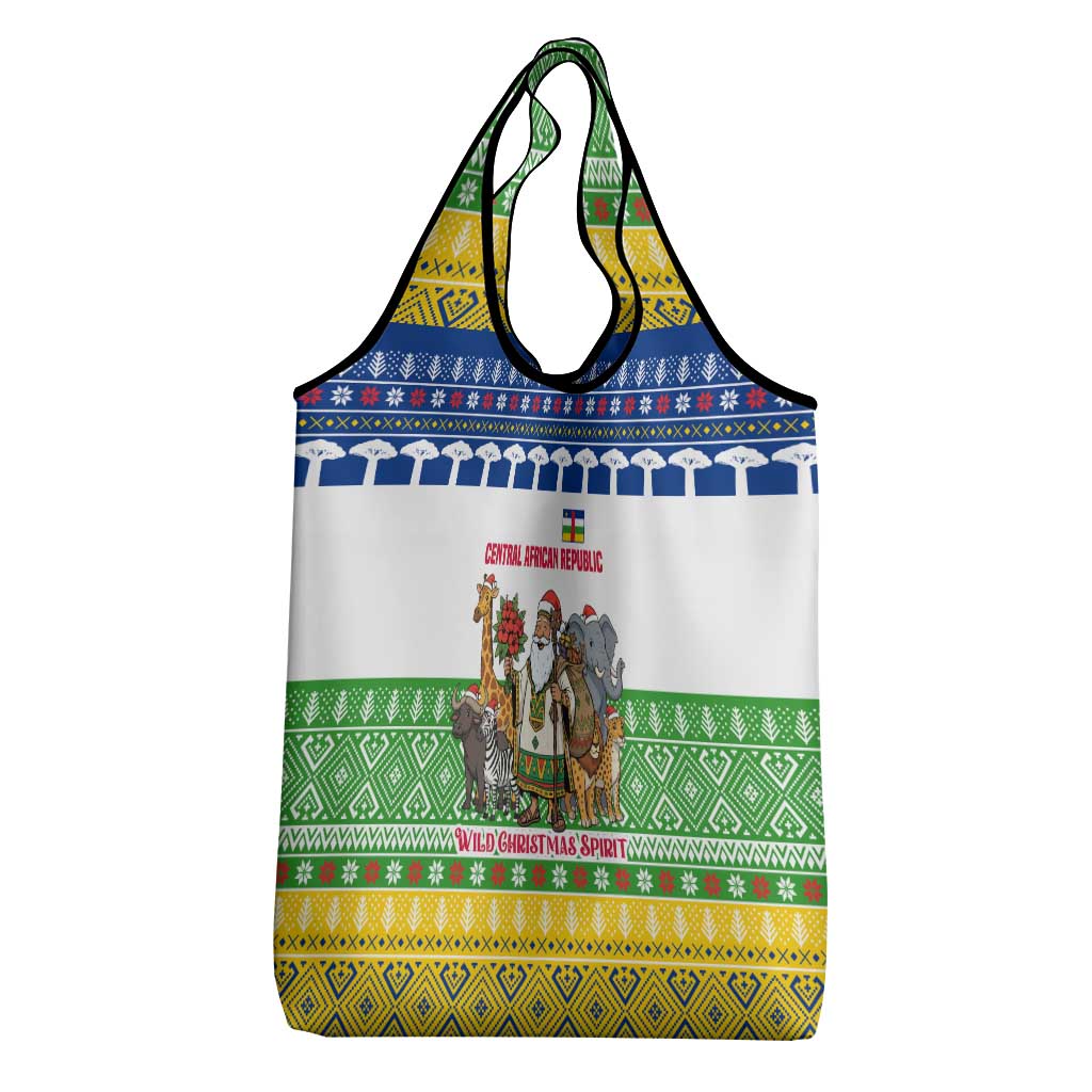 Central African Republic Christmas Grocery Bag with Santa and Safari Animals Baobab Trees Snowflakes and Tribal Pattern - Wonder Print Shop
