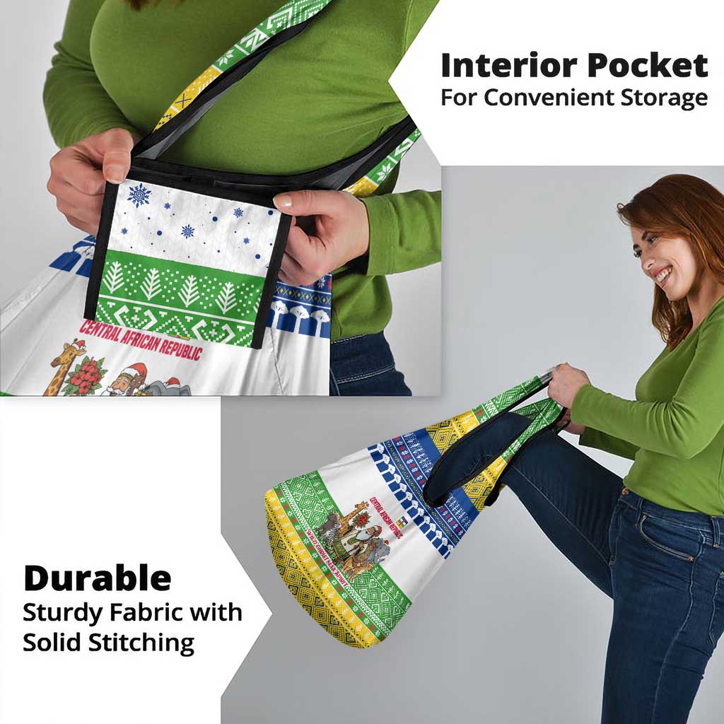 Central African Republic Christmas Grocery Bag with Santa and Safari Animals Baobab Trees Snowflakes and Tribal Pattern - Wonder Print Shop