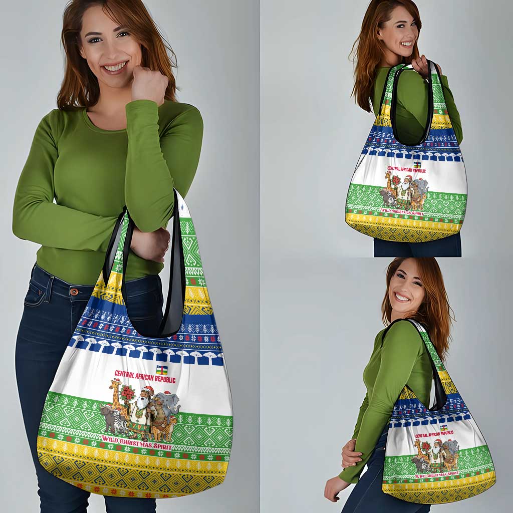 Central African Republic Christmas Grocery Bag with Santa and Safari Animals Baobab Trees Snowflakes and Tribal Pattern - Wonder Print Shop